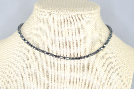 3mm Natural Hematite Choker Necklace displayed on a bust.