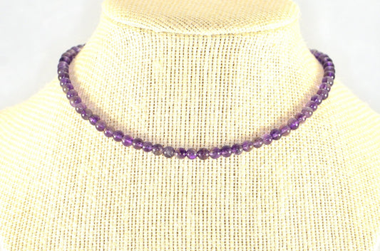 4mm Amethyst Crystal Choker Necklace displayed on a bust.