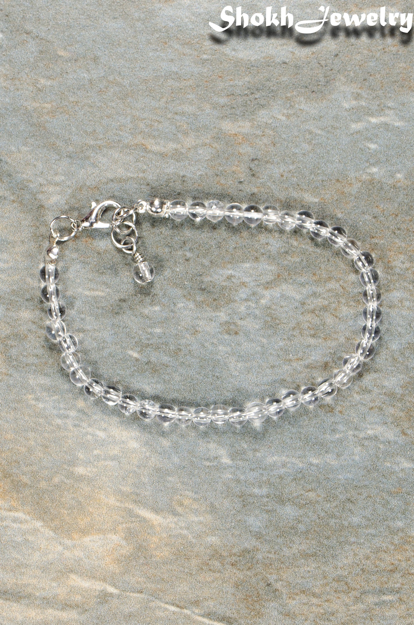 Top view of 4mm Clear Quartz Anklet with Clasp.