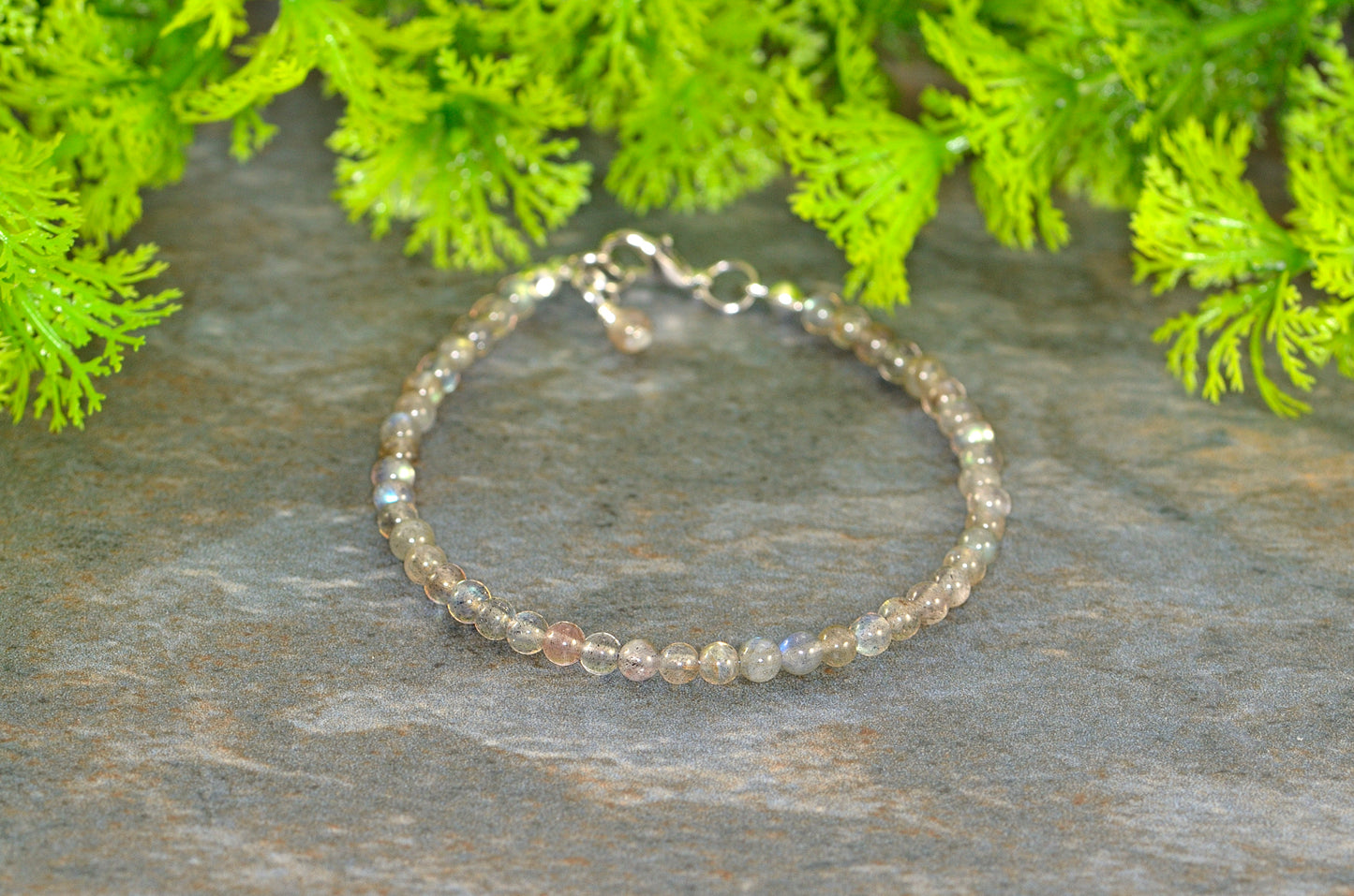 Close up of 4mm Natural Labradorite Bracelet with Clasp.