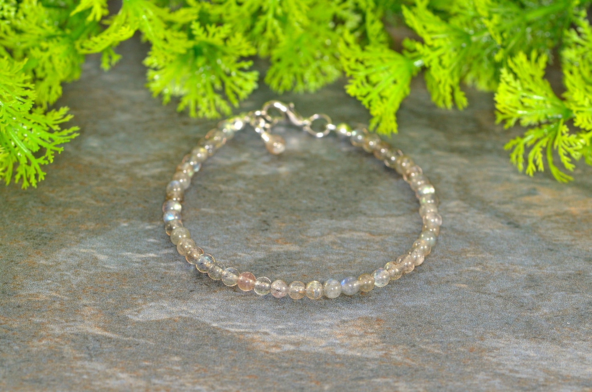 Close up of 4mm Natural Labradorite Bracelet with Clasp.