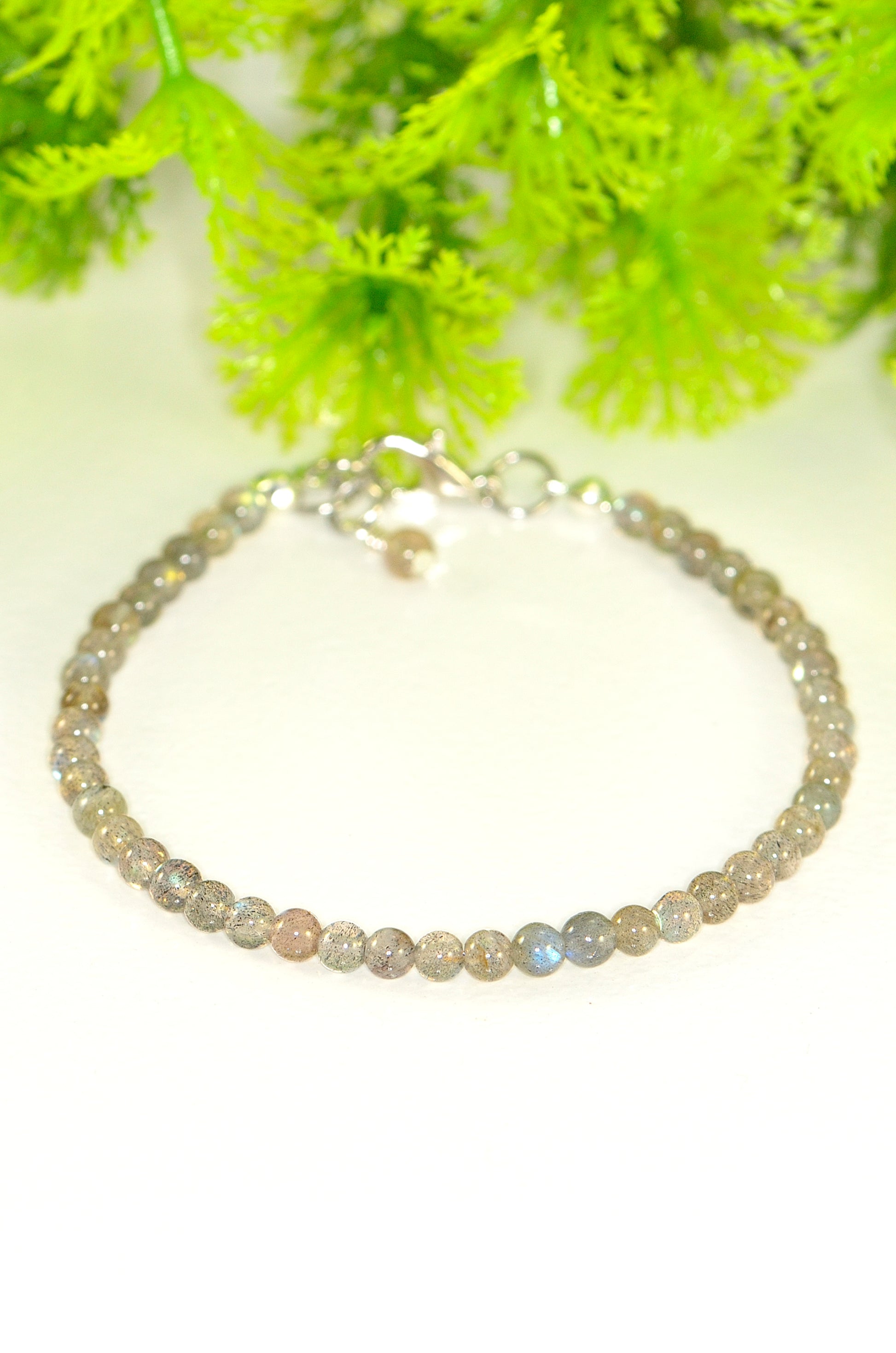 Close up of 4mm Natural Labradorite Bracelet with Clasp.