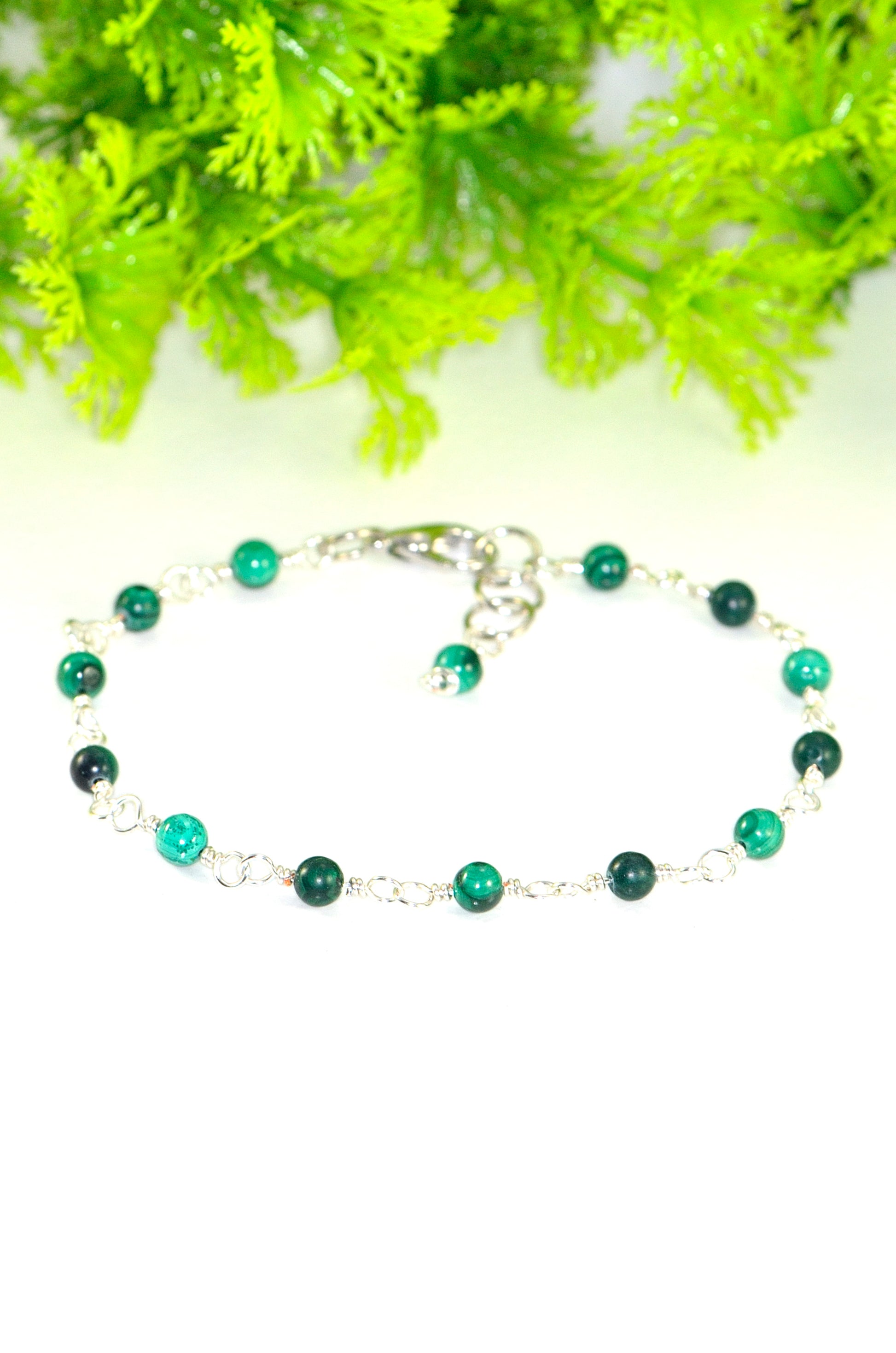 Close up of 4mm Natural Malachite Link Bracelet.