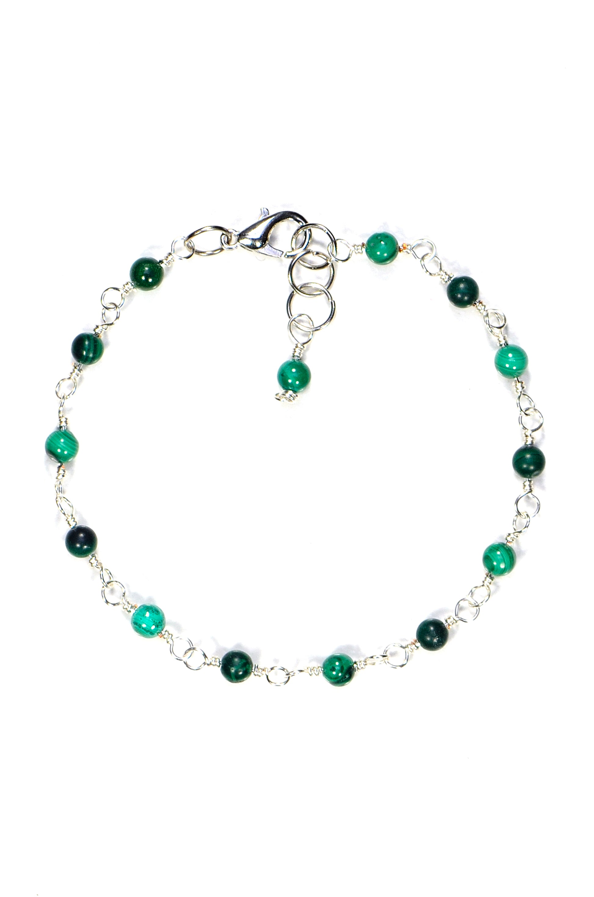 Top view of 4mm Natural Malachite Link Bracelet.