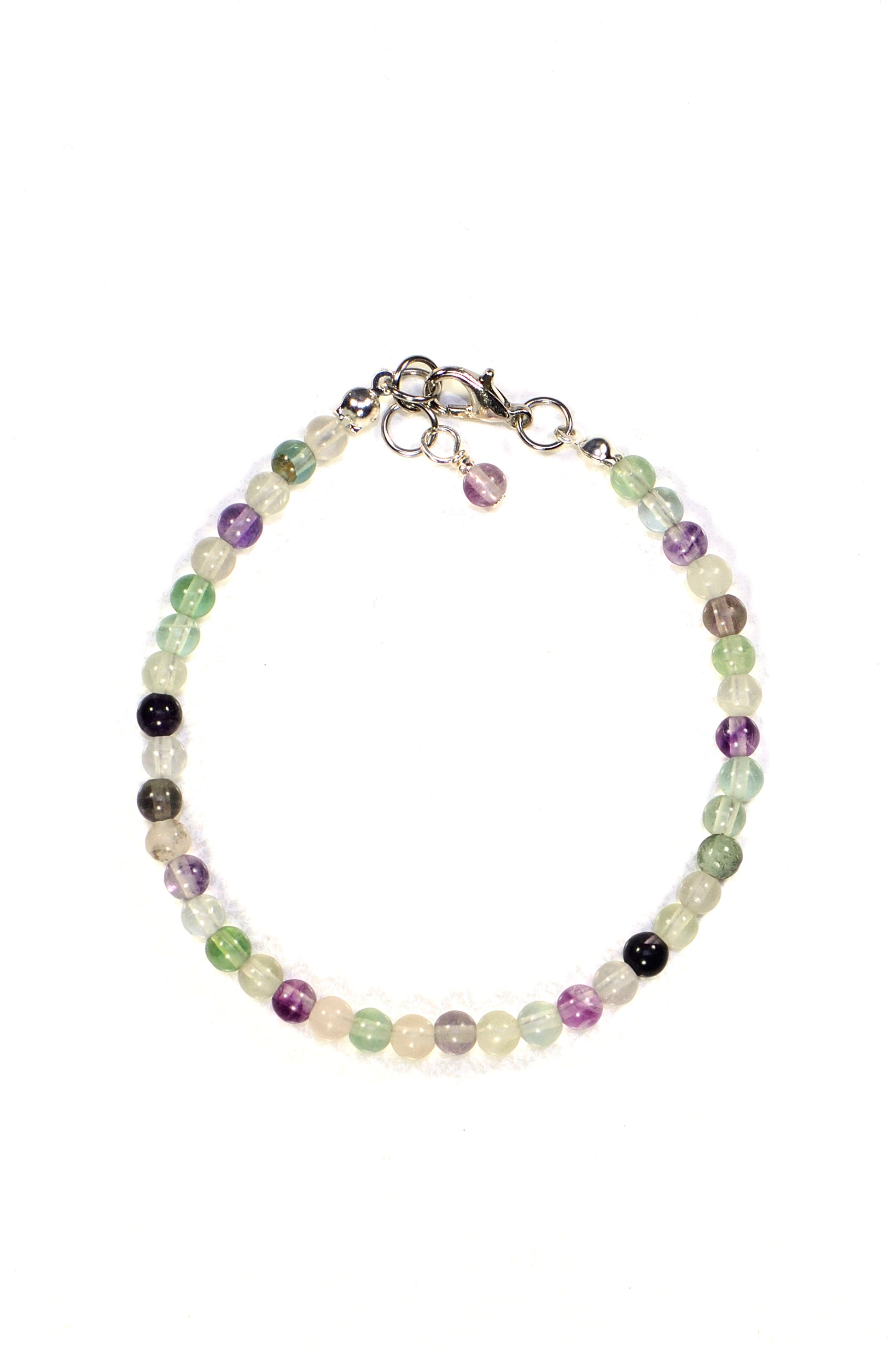 Top view of 4mm Natural Rainbow Fluorite Bracelet with Clasp.