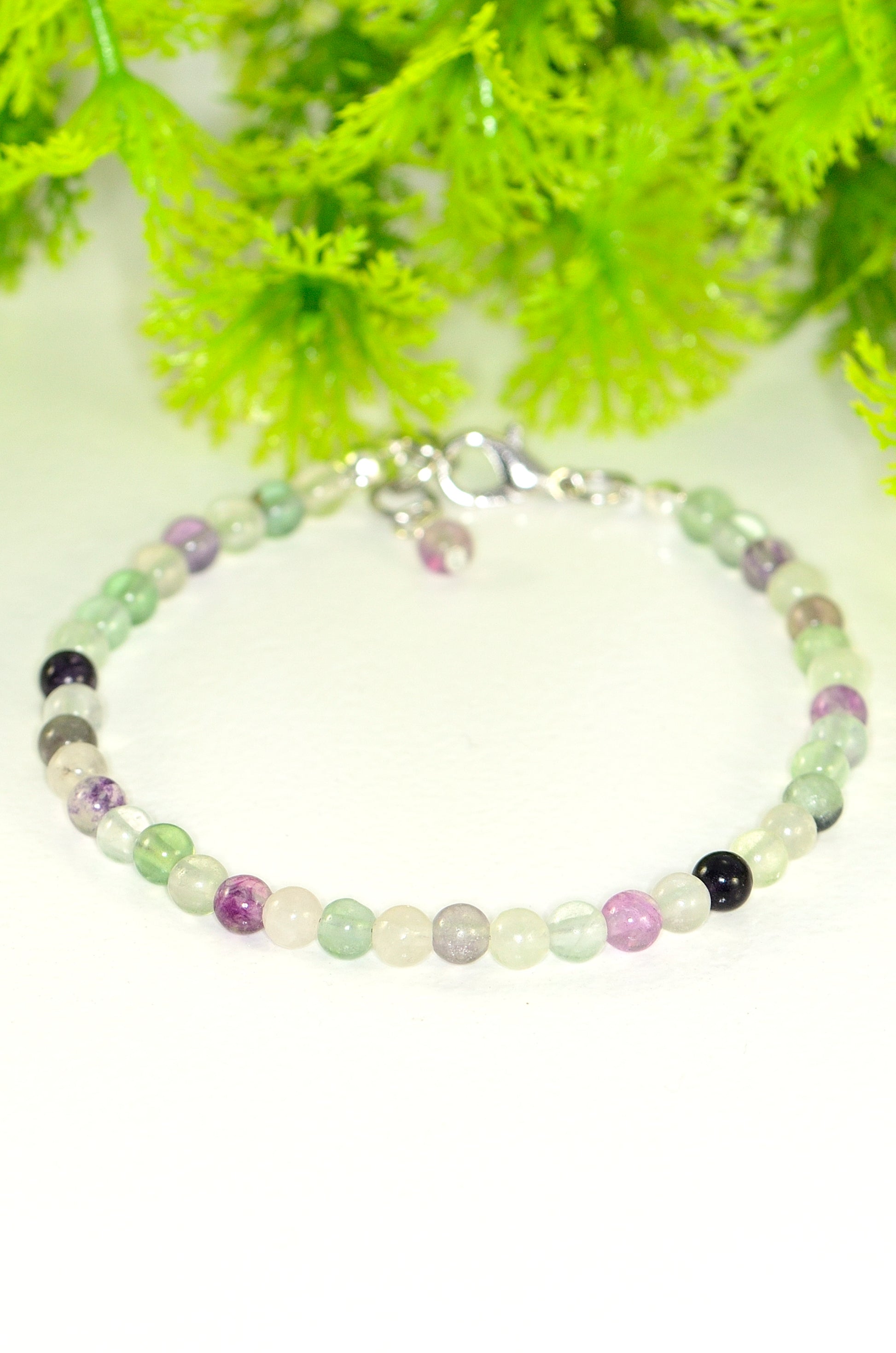 Close up of 4mm Natural Rainbow Fluorite Bracelet with Clasp.