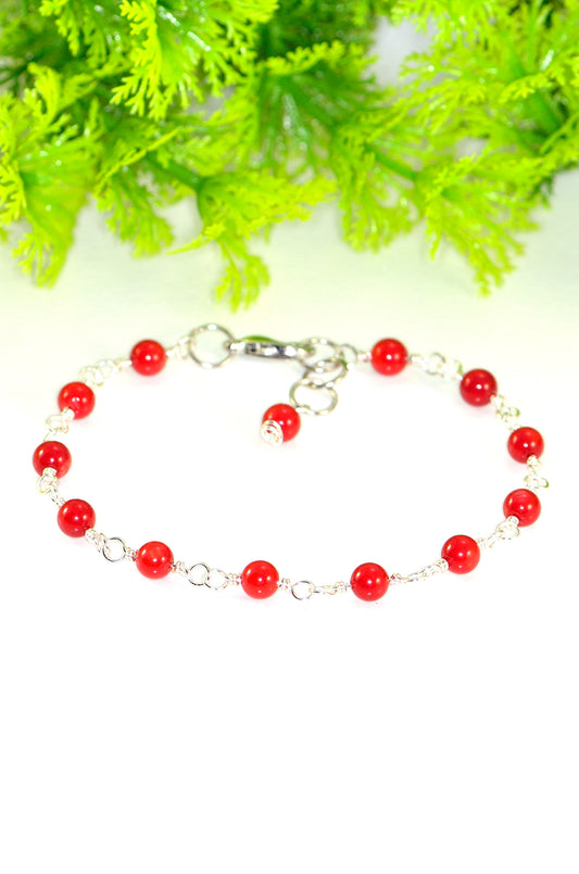 Close up of 4mm Natural Red Dyed Coral Link Anklet.