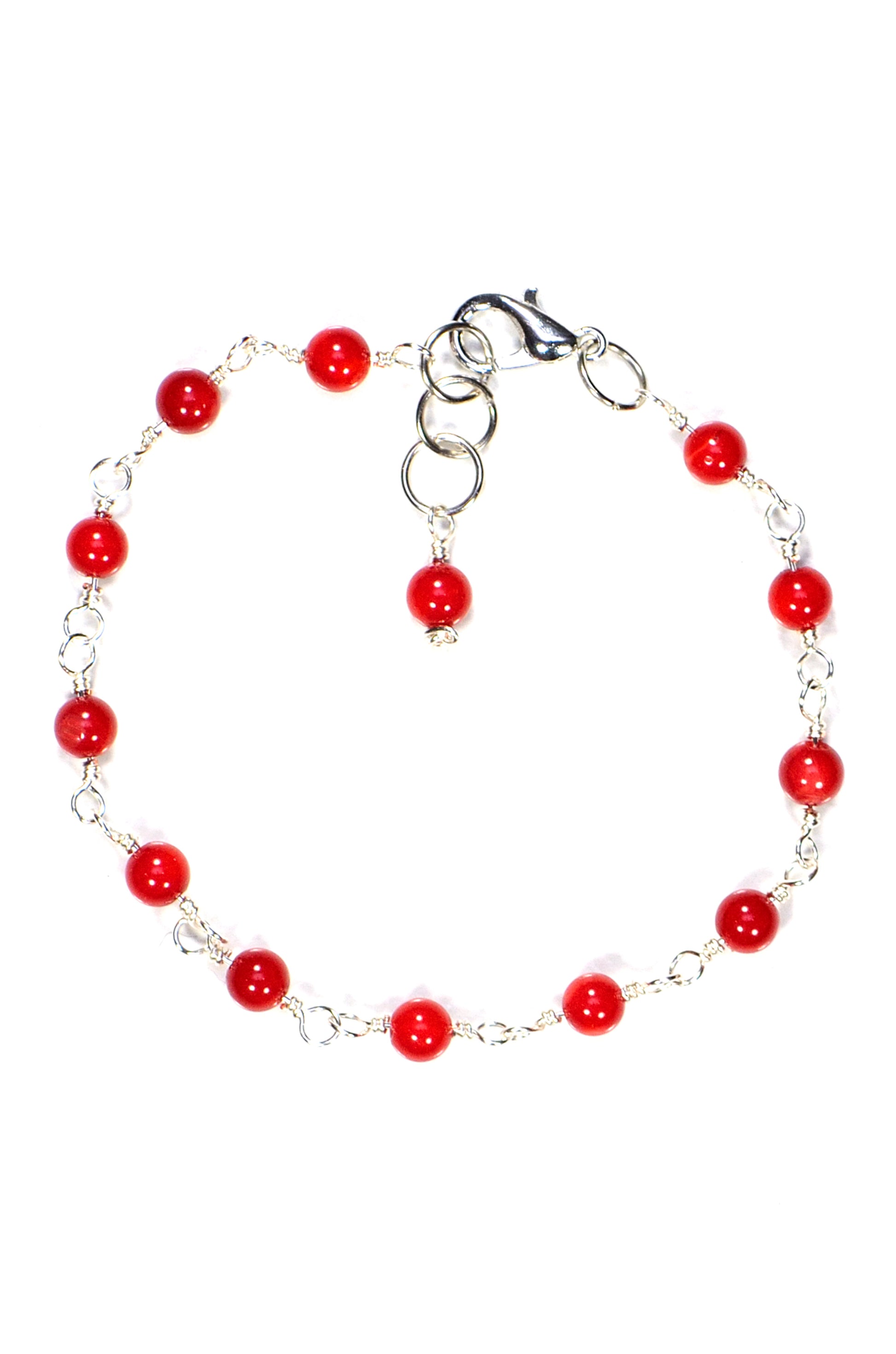 Top view of 4mm Natural Red Dyed Coral Link Bracelet.