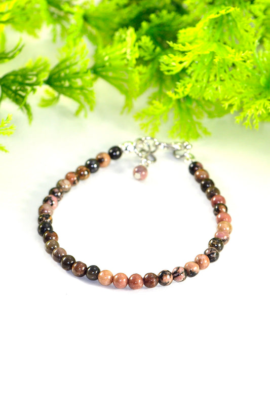 Close up of 4mm Natural Rhodonite Bracelet with Clasp.