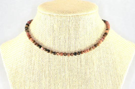 4mm Natural Rhodonite Choker Necklace displayed on a bust.