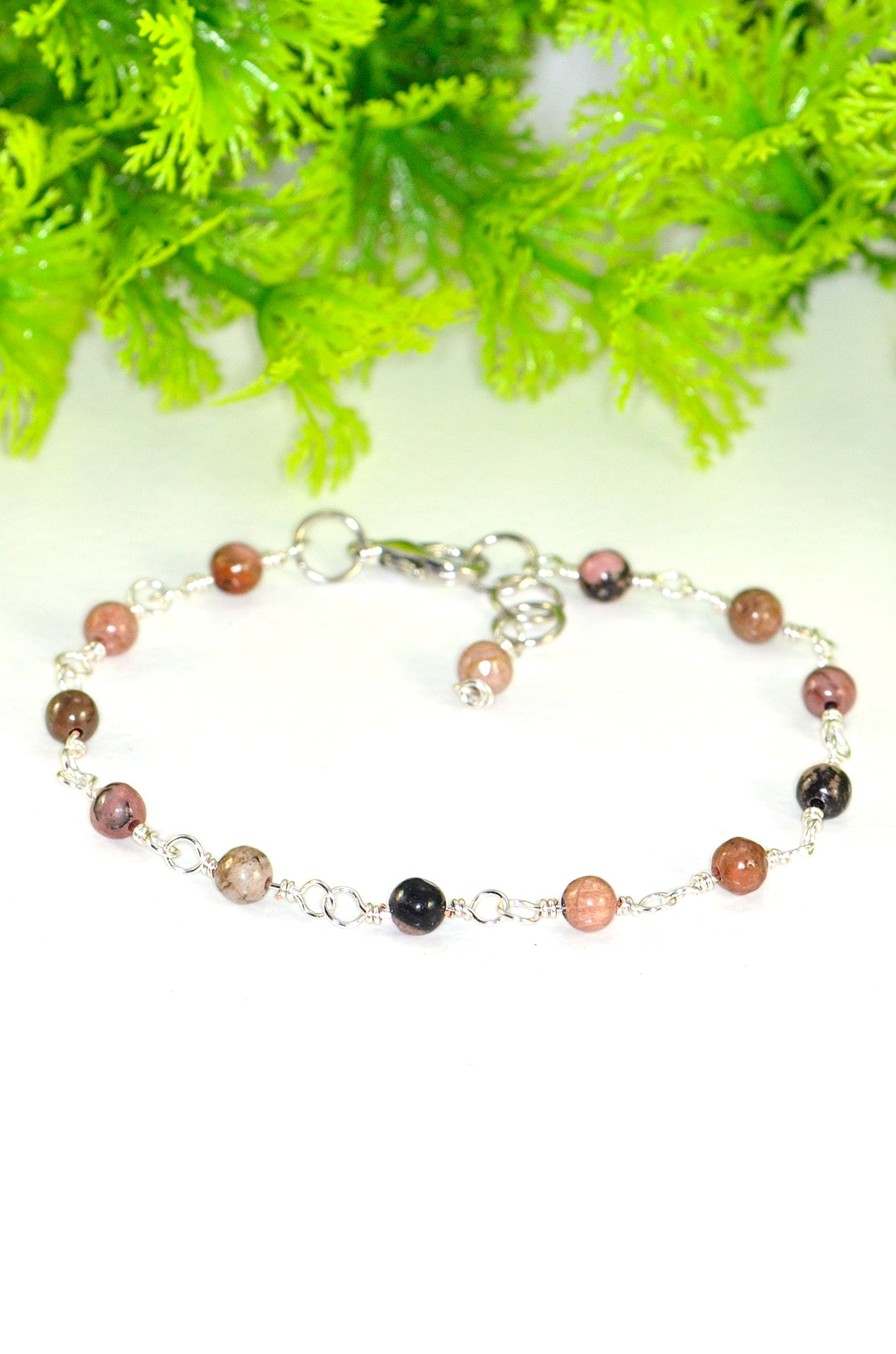Close u of 4mm Natural Rhodonite Link Anklet .