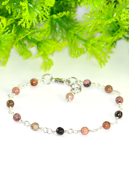 Close u of 4mm Natural Rhodonite Link Anklet .