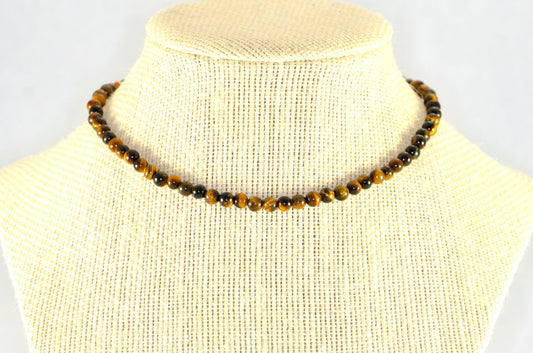 4mm Natural Tiger's Eye Choker Necklace displayed on a bust.