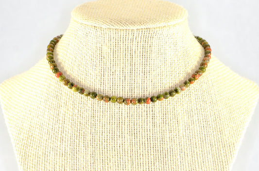 4mm Natural Unakite Choker Necklace displayed on a bust.