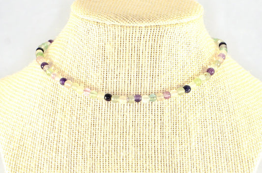 4mm Rainbow Fluorite Crystal Choker Necklace displayed on a bust.