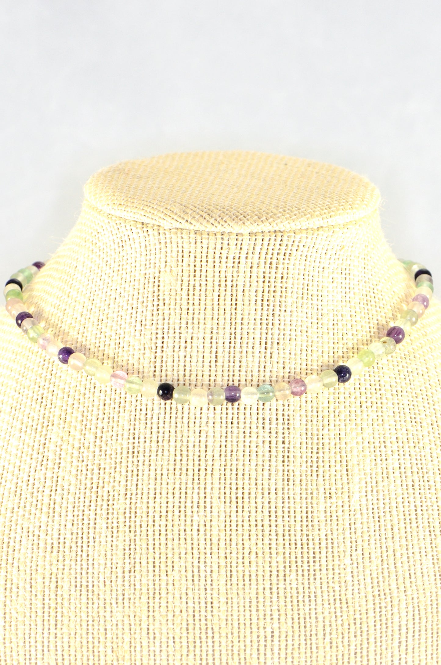 Close up of 4mm Rainbow Fluorite Crystal Choker Necklace.