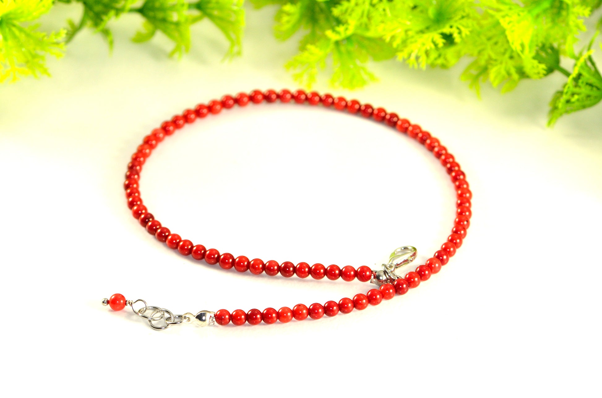 4mm Red Dyed Natural Coral Choker Necklace with clasp and a cute little dangle.