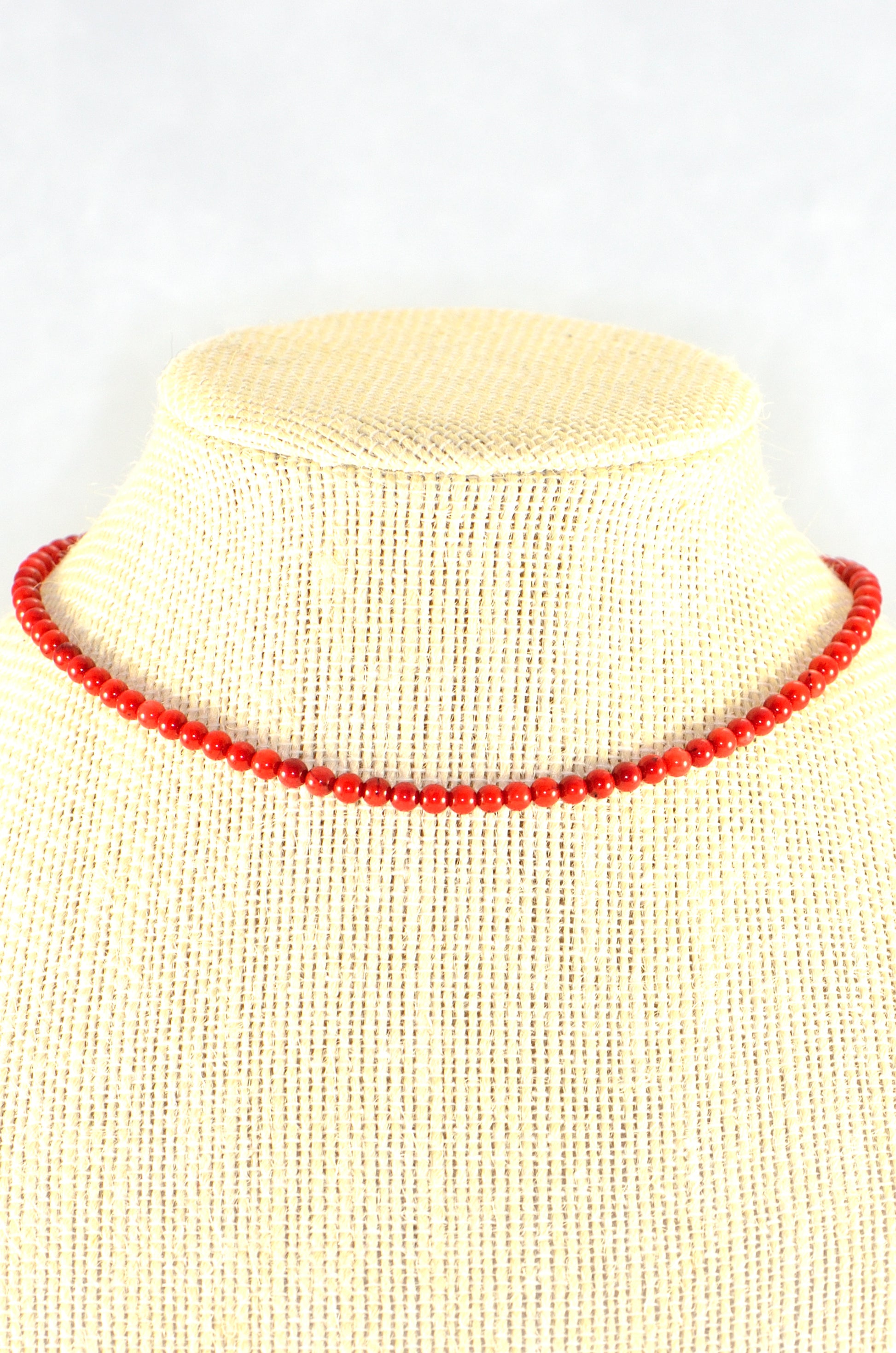 Close up of 4mm Red Dyed Natural Coral Choker Necklace.
