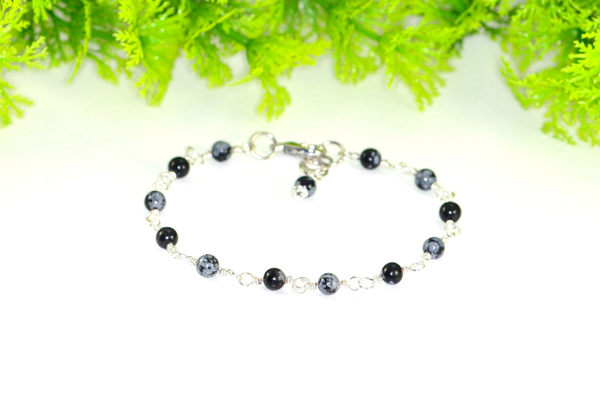 4mm Snowflake Obsidian Link Chain Bracelet with clasp.