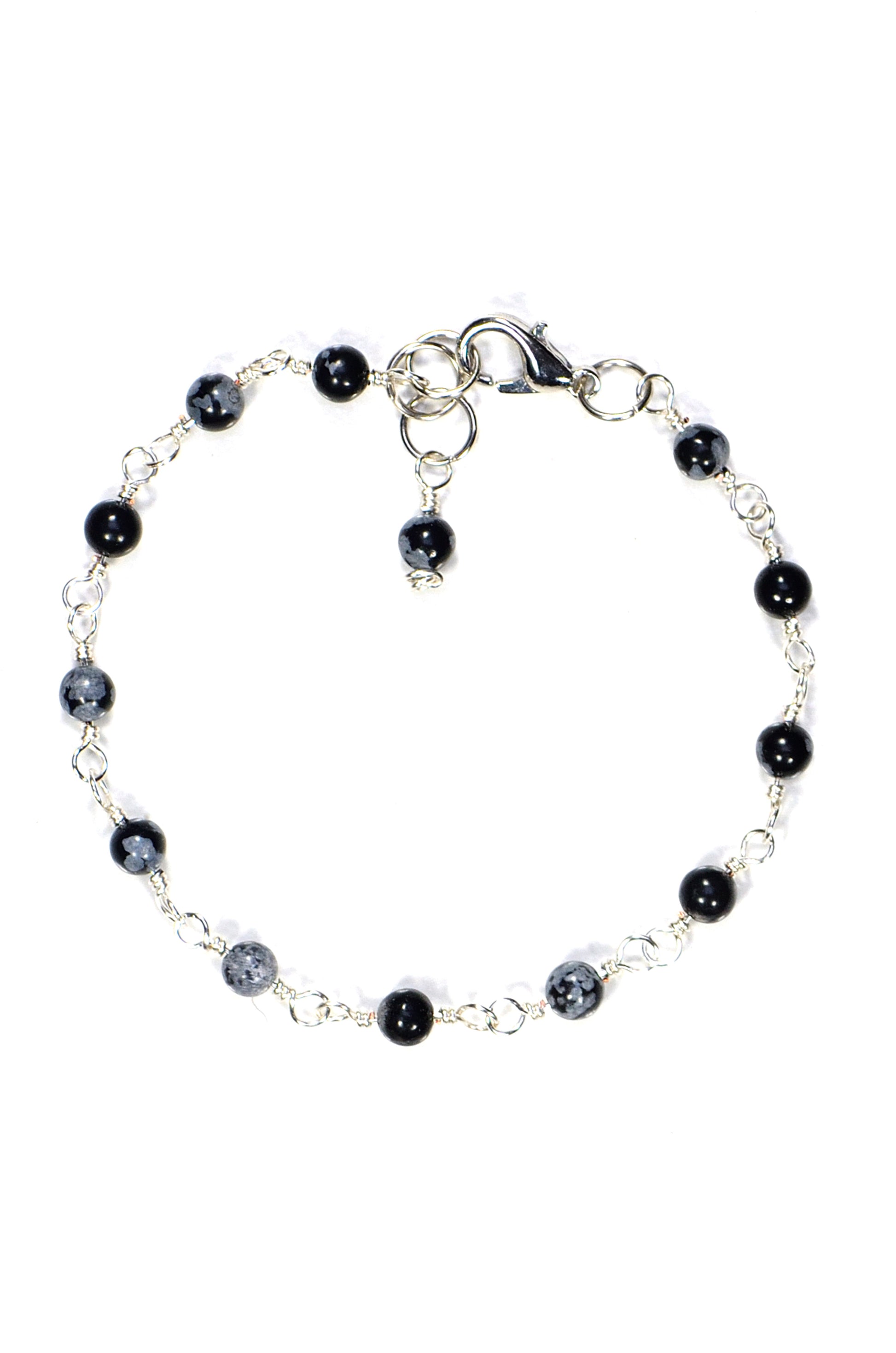 Top view of 4mm Snowflake Obsidian Link Chain Bracelet.