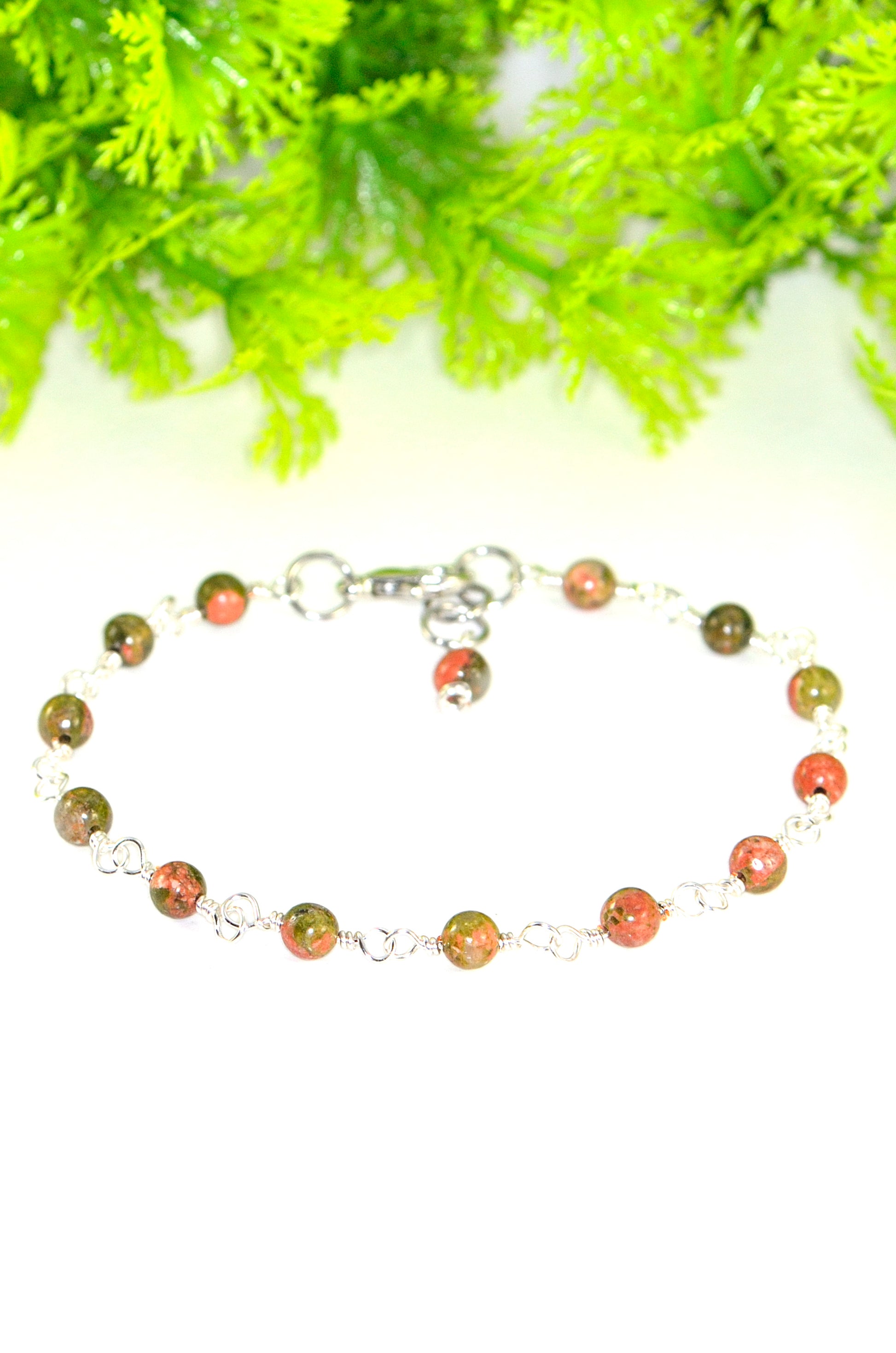 Close up of 4mm Unakite Jasper Link Bracelet.