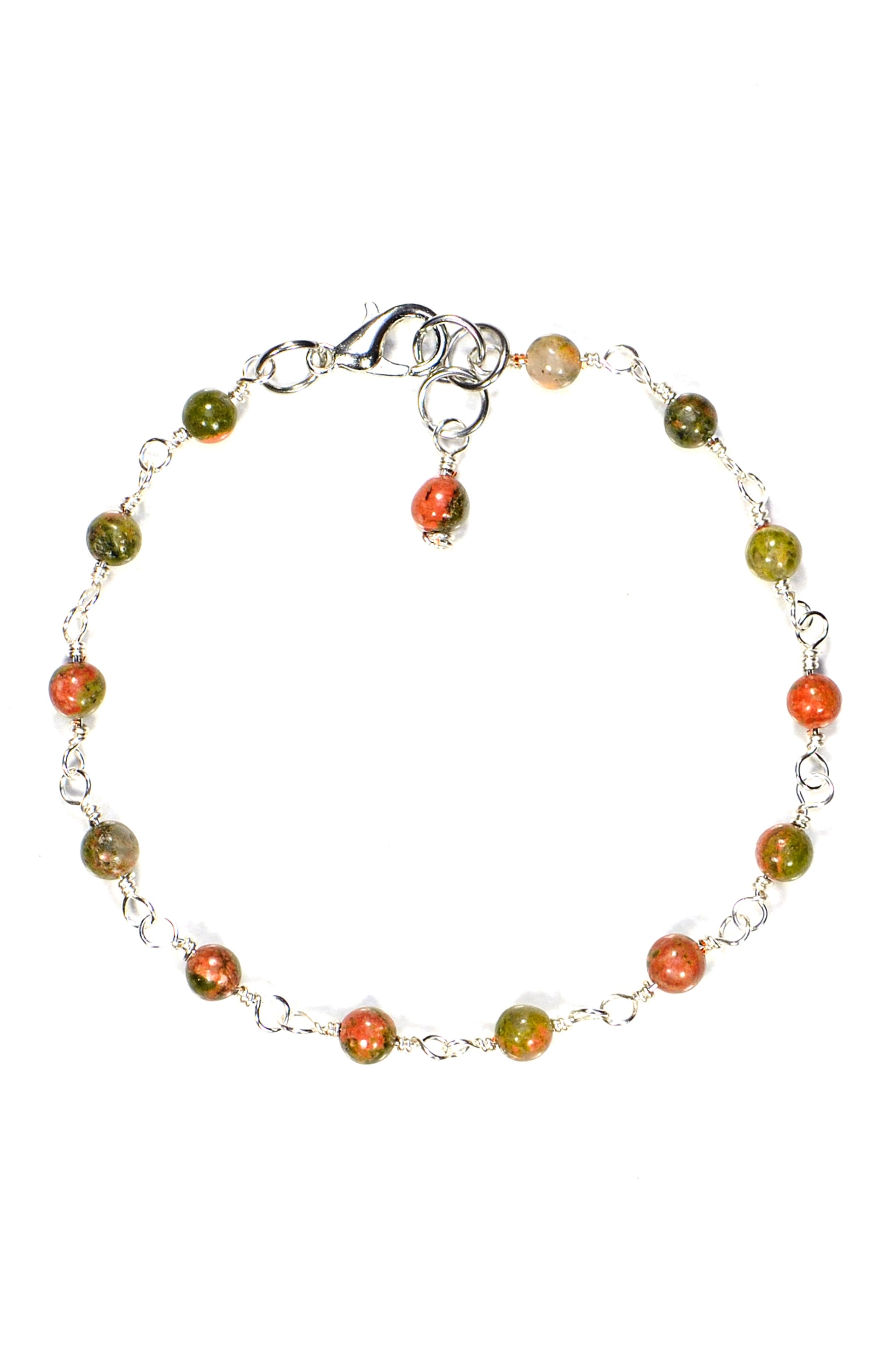 Top view of 4mm Unakite Jasper Link Bracelet.