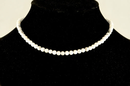 4mm White Howlite Choker Necklace displayed on a bust.