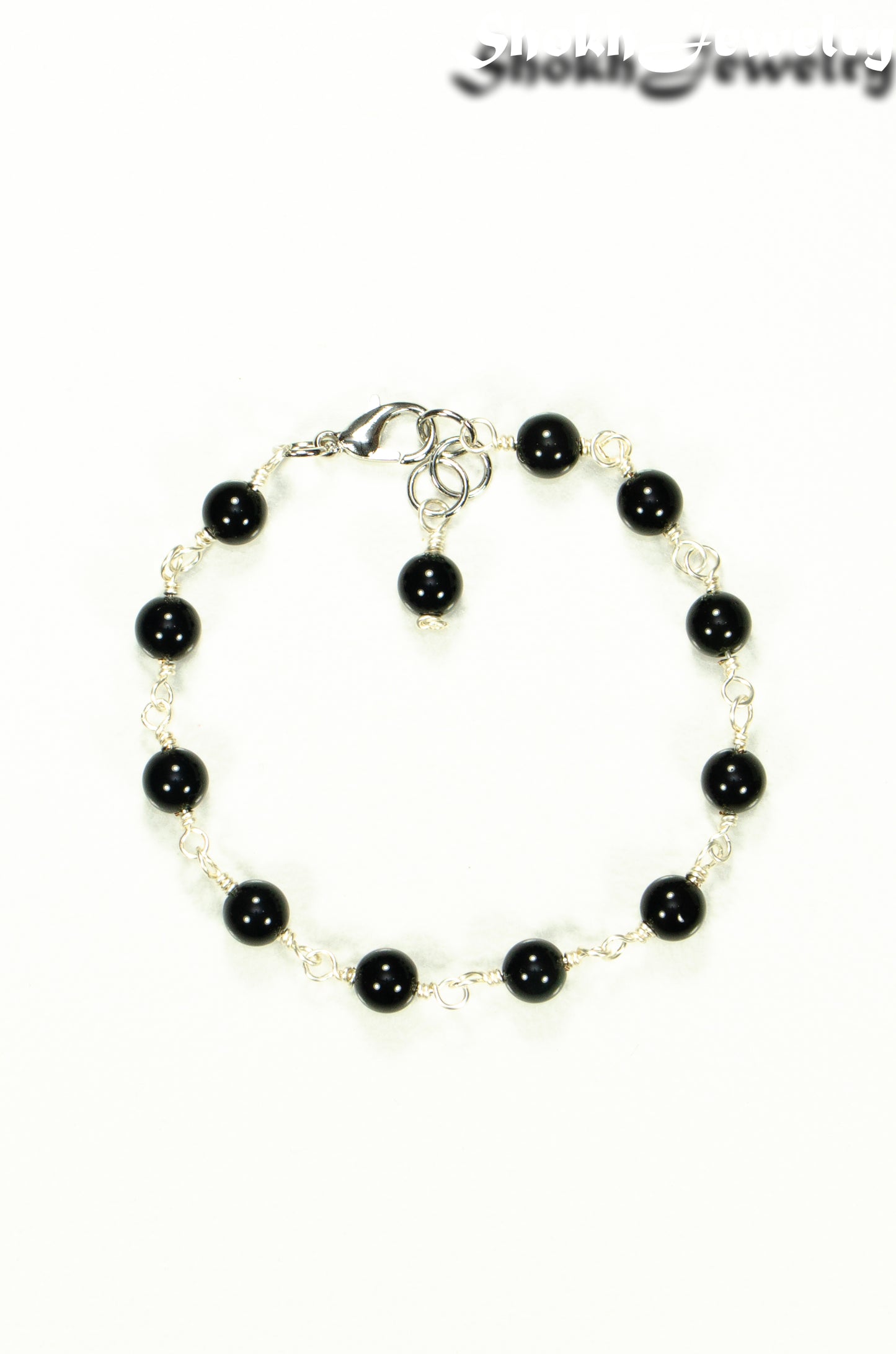 Top view of 6mm Black Obsidian Link Chain ankle Bracelet.