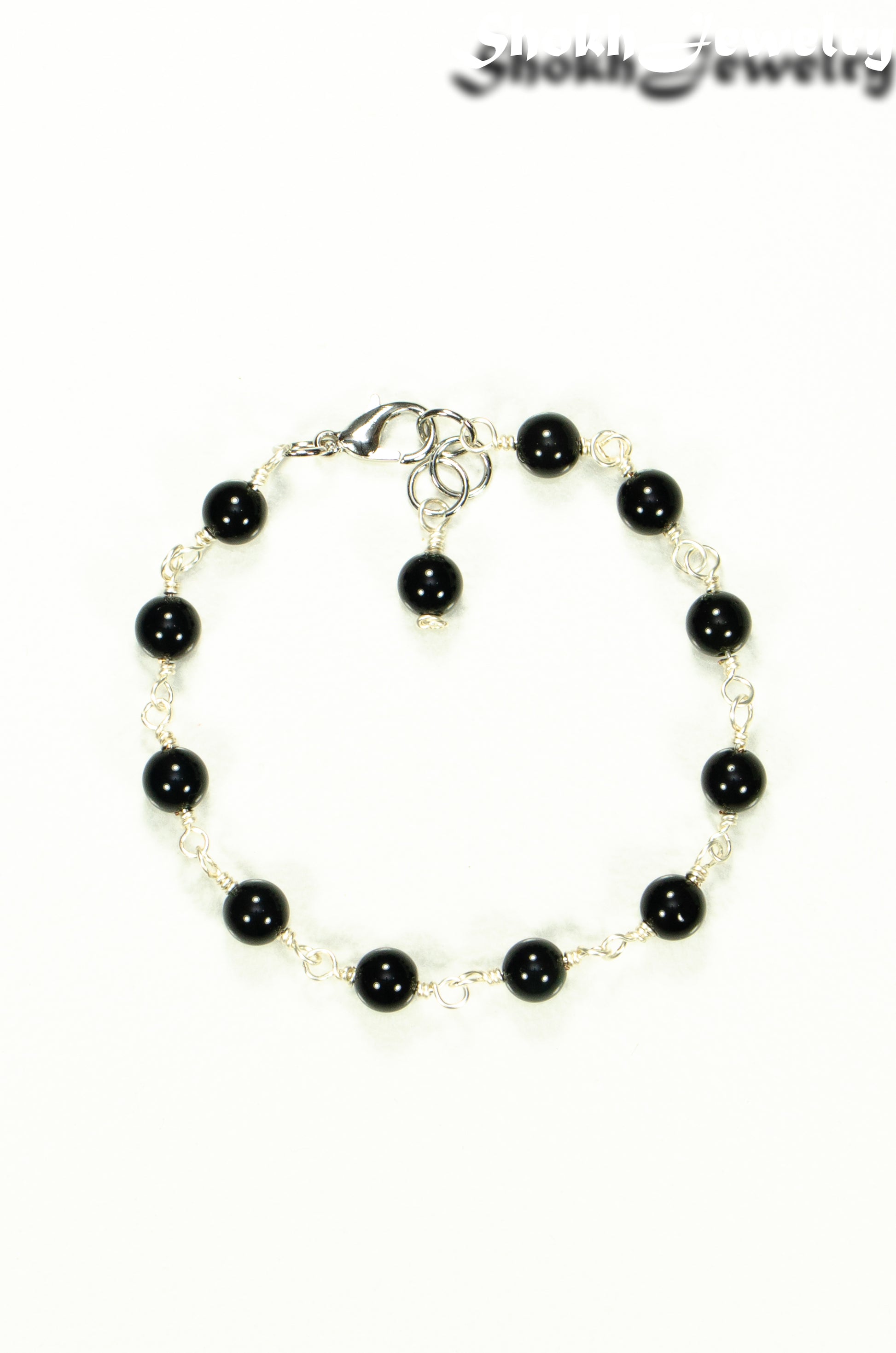 Top view of 6mm Black Obsidian Link Chain ankle Bracelet.