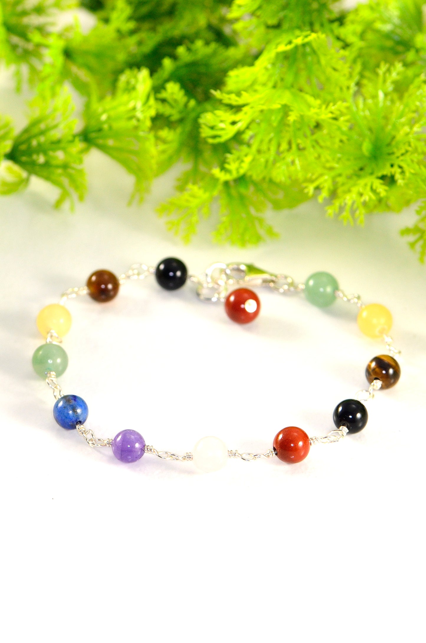 Close up of 6mm Chakra Bracelet with Sterling Silver Clasp.