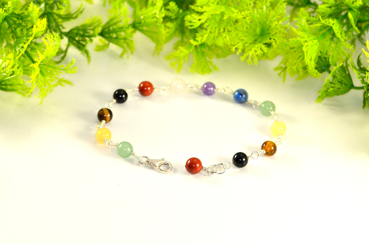 Close up of 6mm Chakra Bracelet with Sterling Silver Clasp.