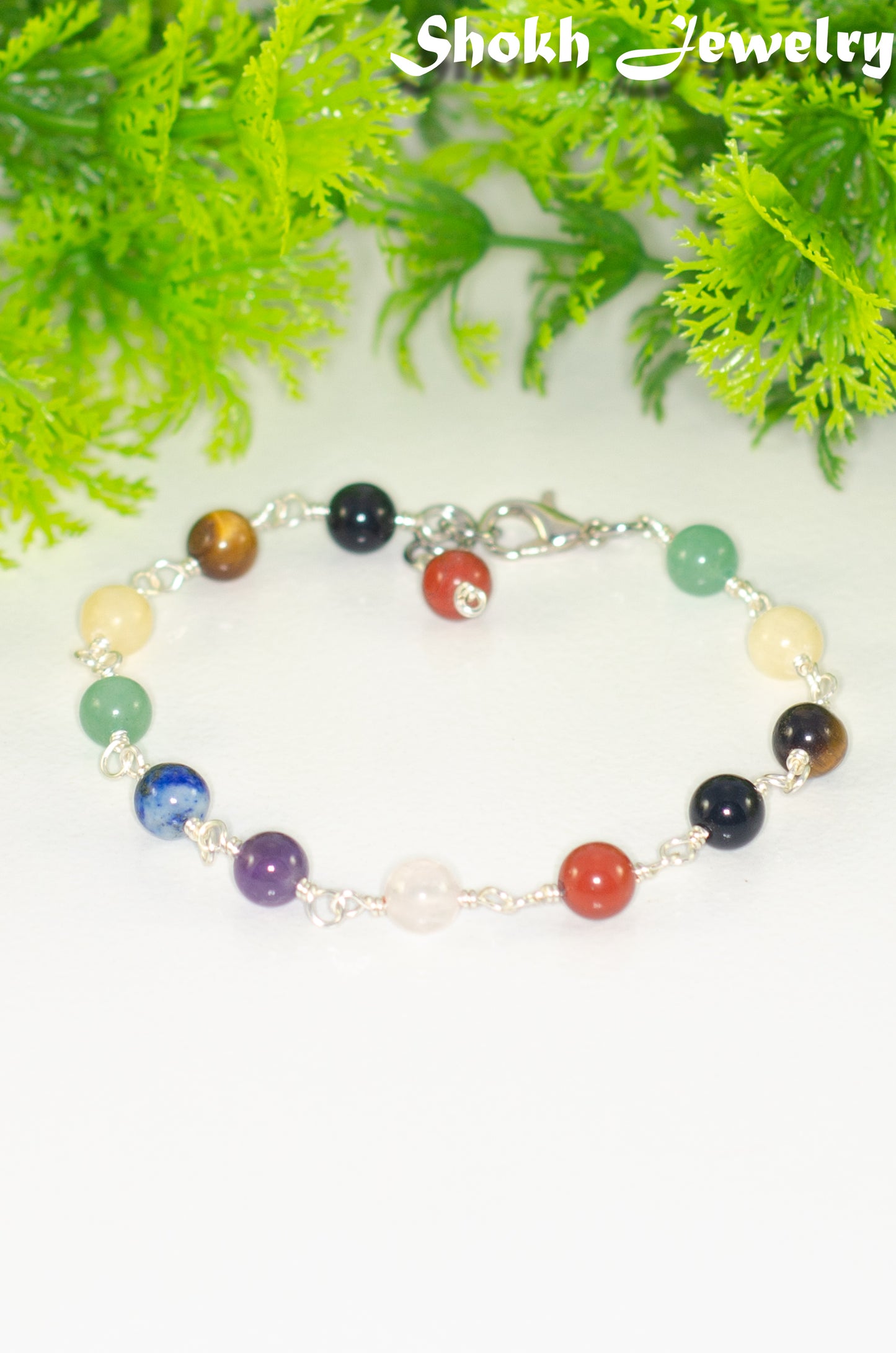 6mm Chakra Gemstone Link Anklet with Clasp and a dangle.