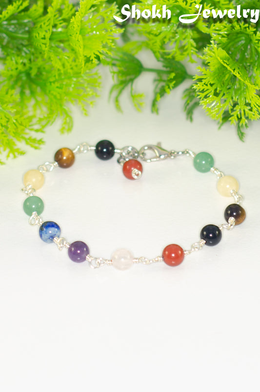 6mm Chakra Gemstone Link Anklet with Clasp and a dangle.