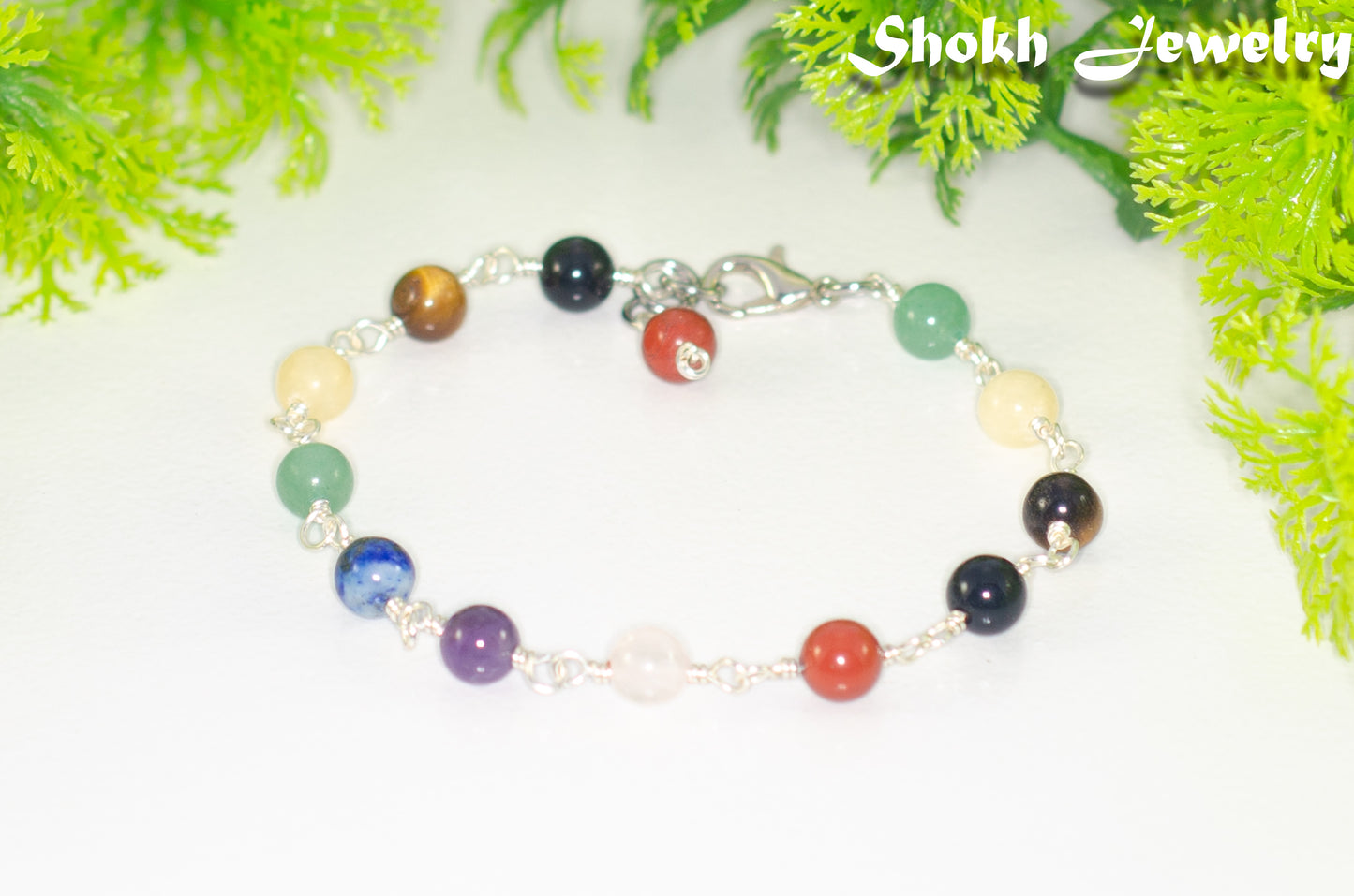 6mm Chakra Gemstone Link Bracelet with Clasp and a dangle.