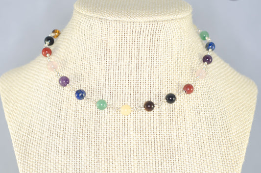6mm Chakra Gemstone Link Choker Necklace displayed on a bust.