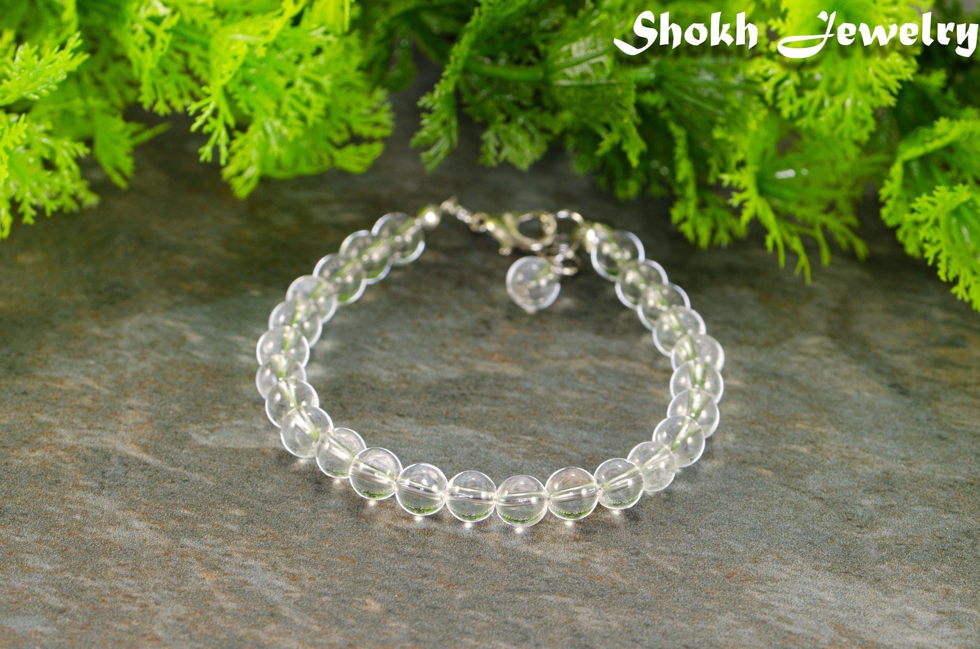 Close up of 6mm Clear Quartz Beaded Anklet.