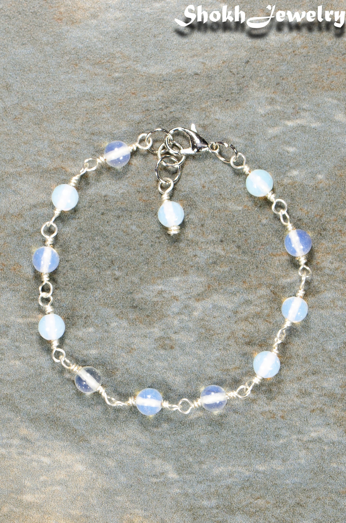 Top view of 6mm Clear White Opal Link Chain ankle Bracelet.