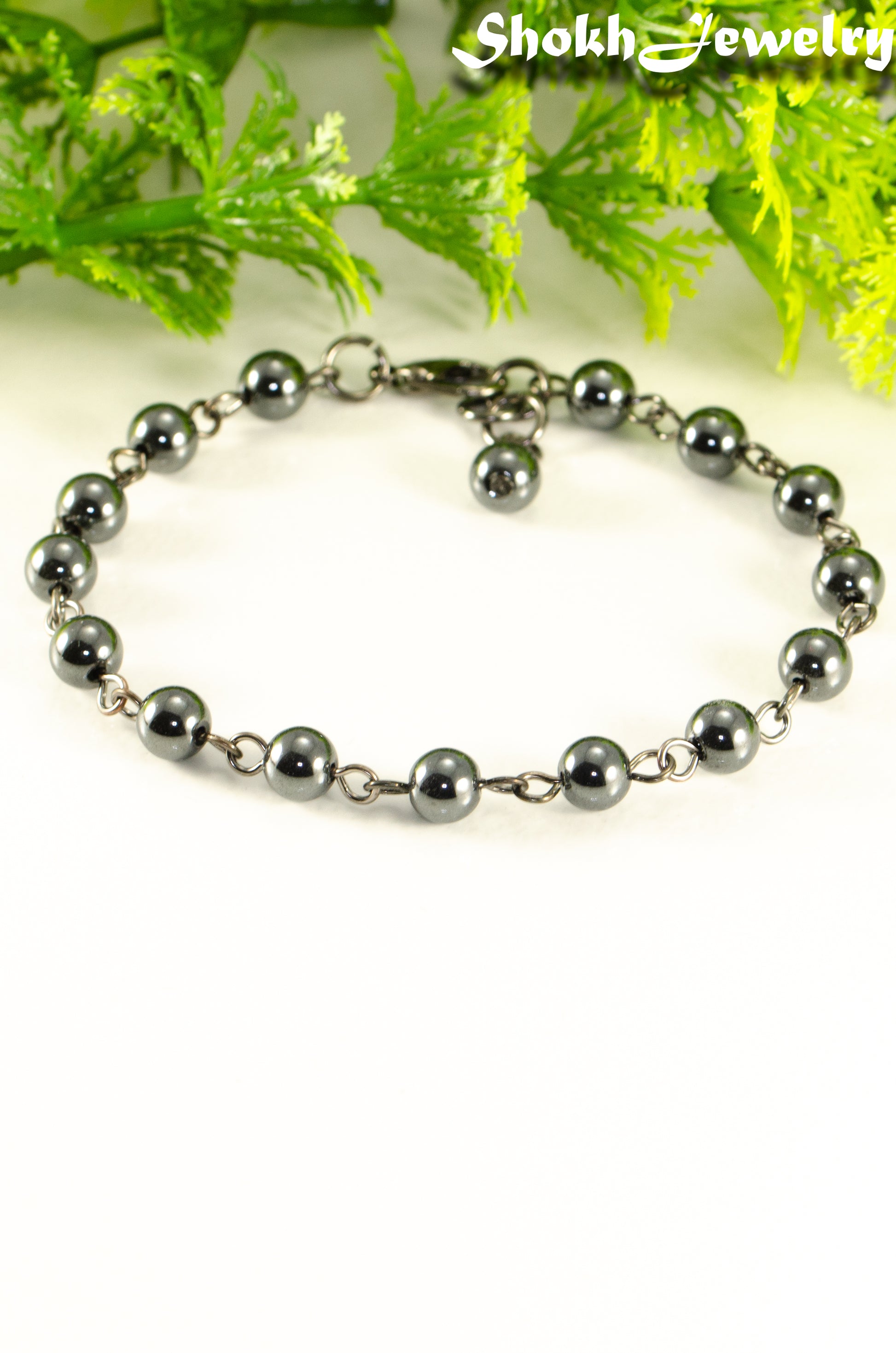 Close up of 6mm Hematite Link anklet for Women.