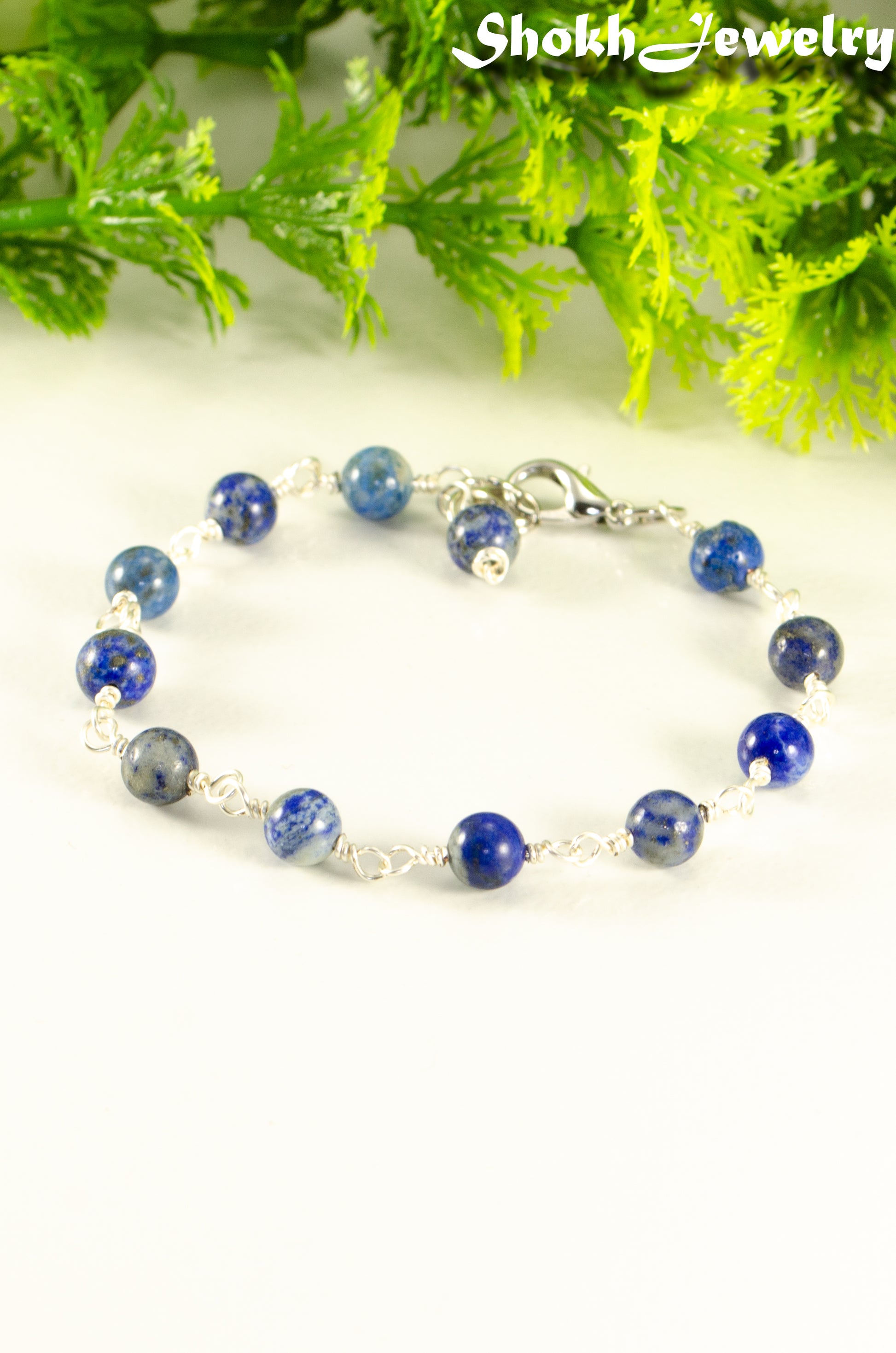 Close up of 6mm Lapis Lazuli Link Chain anklet.