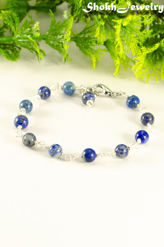 Close up of 6mm Lapis Lazuli Link Chain anklet.