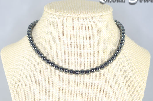 6mm Natural Hematite Choker Necklace displayed on a bust.