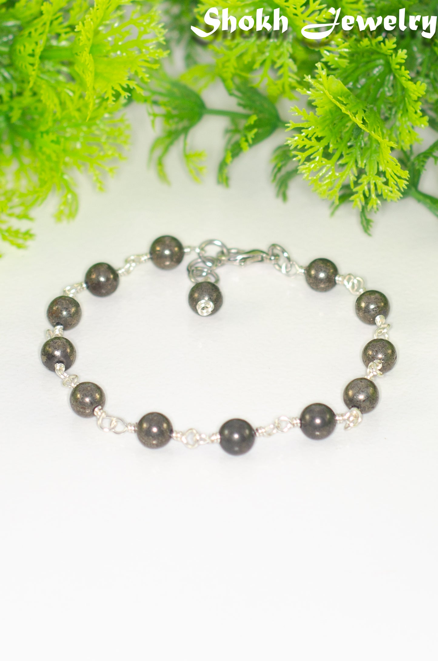 6mm Natural Pyrite Link Anklet with Clasp and a dangle.