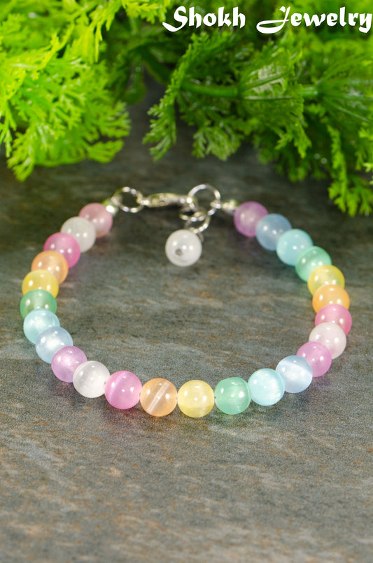 6mm Rainbow Selenite Anklet with clasp and a dangle.