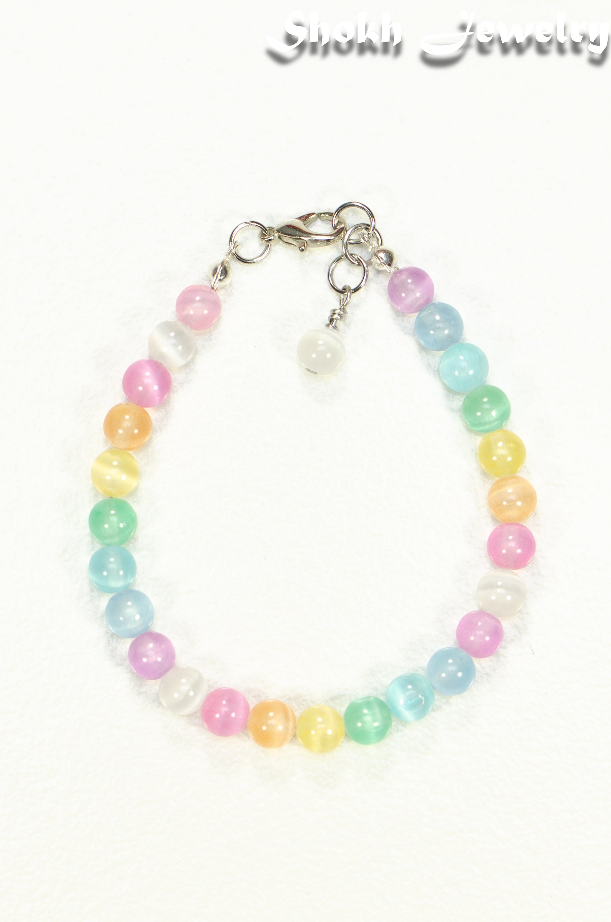 Top view of 6mm Rainbow Selenite Anklet.