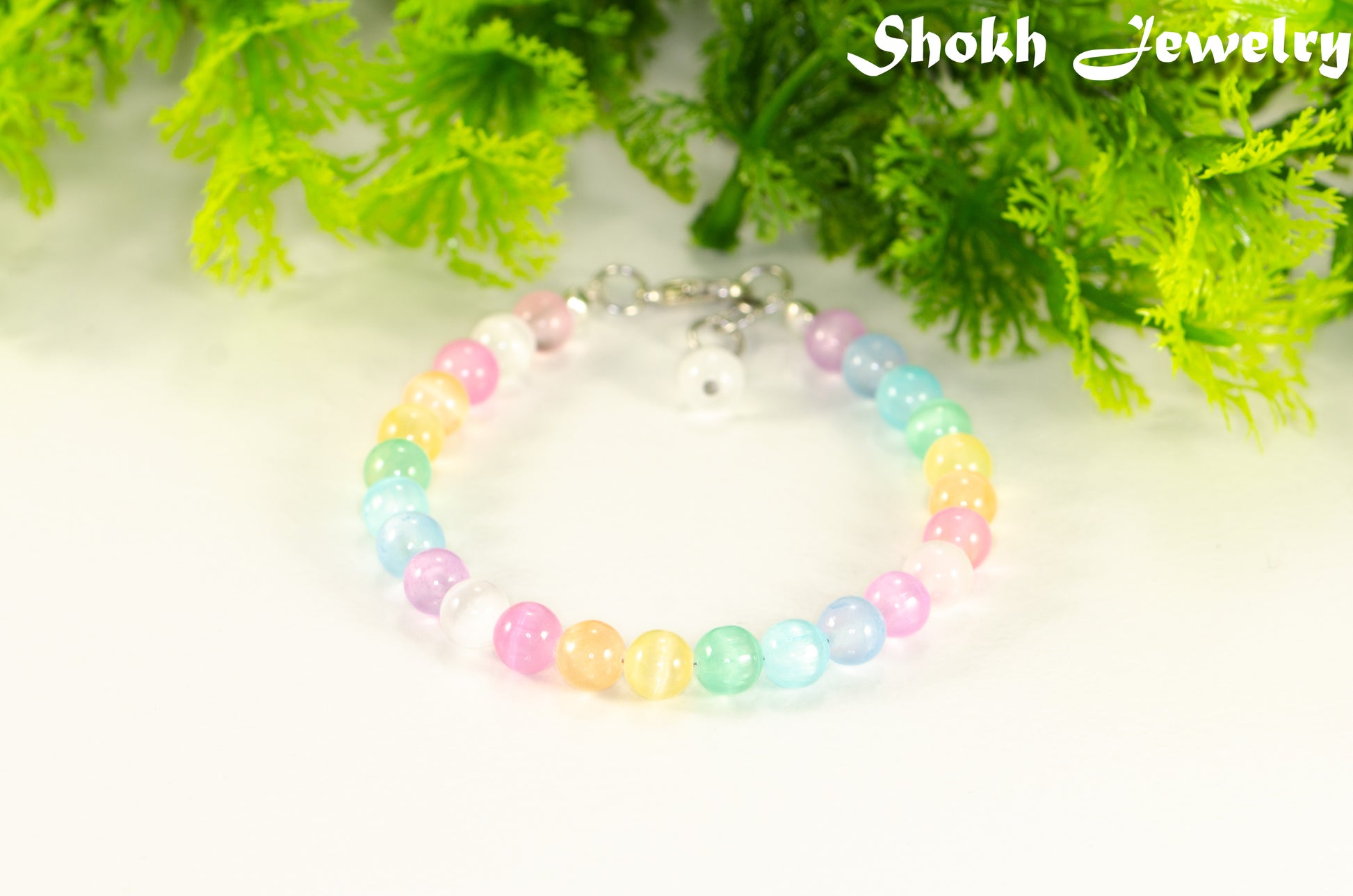 Close up of 6mm Rainbow Selenite Anklet.