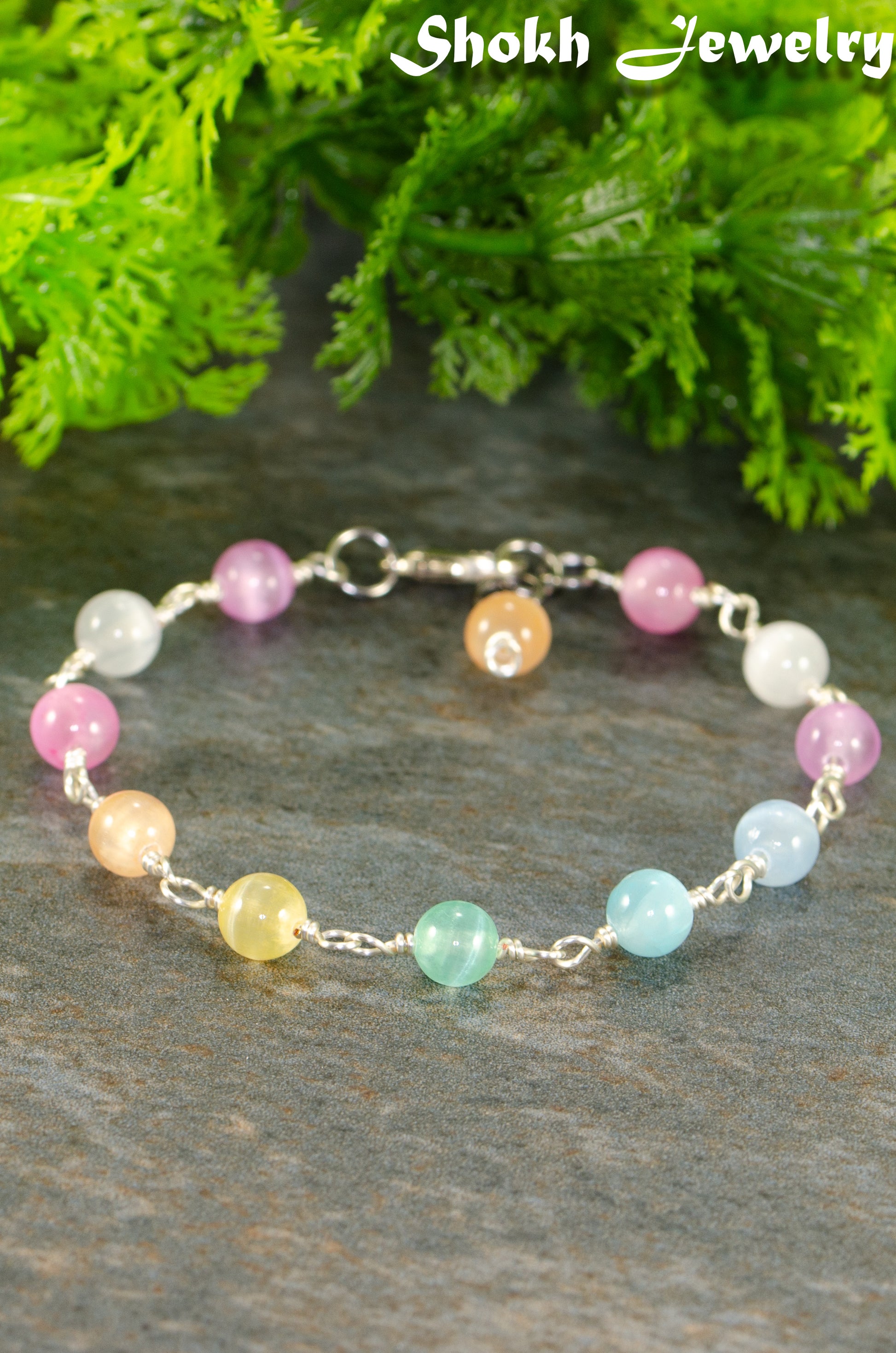 6mm Rainbow Selenite Link Anklet with clasp and a dangle.