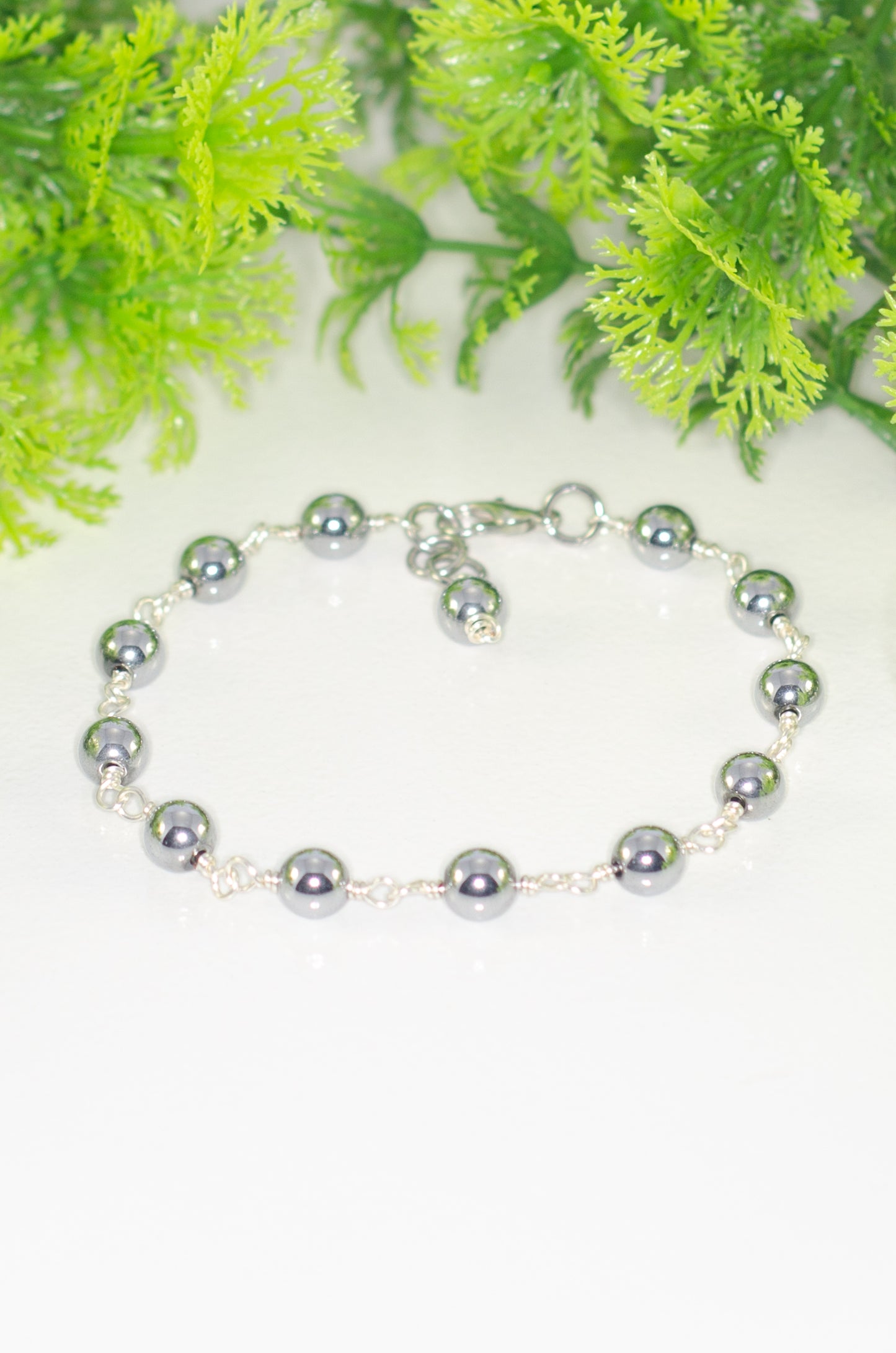 6mm Silver Hematite Link Anklet with Clasp and a dangle.
