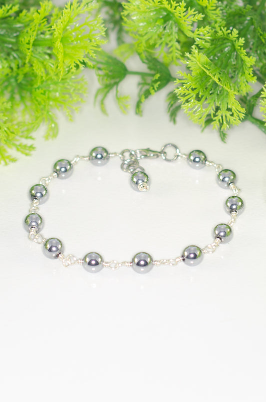 6mm Silver Hematite Link Anklet with Clasp and a dangle.