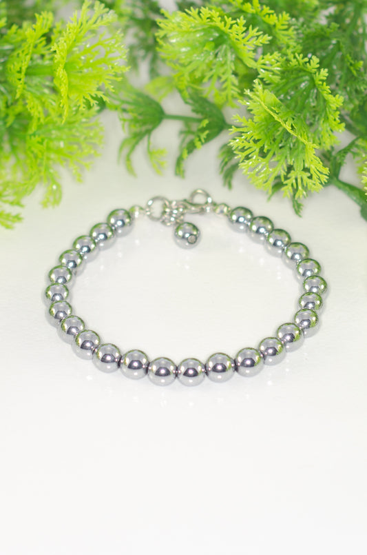 6mm Silver Hematite Stone Anklet with Clasp and a dangle.