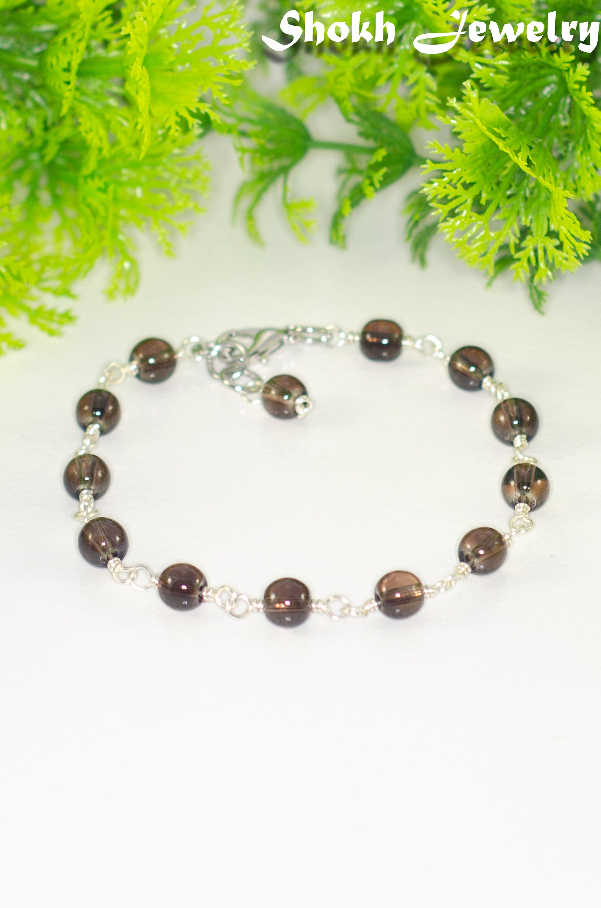 6mm Smoky Quartz Beaded Link Anklet with Clasp and a dangle.